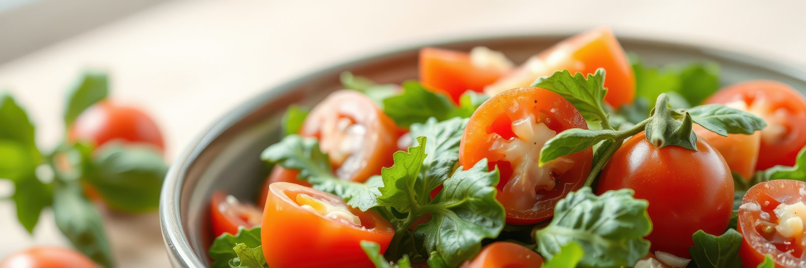 Fresh cherry tomato salad with herbs and vibrant greens served in a bowl